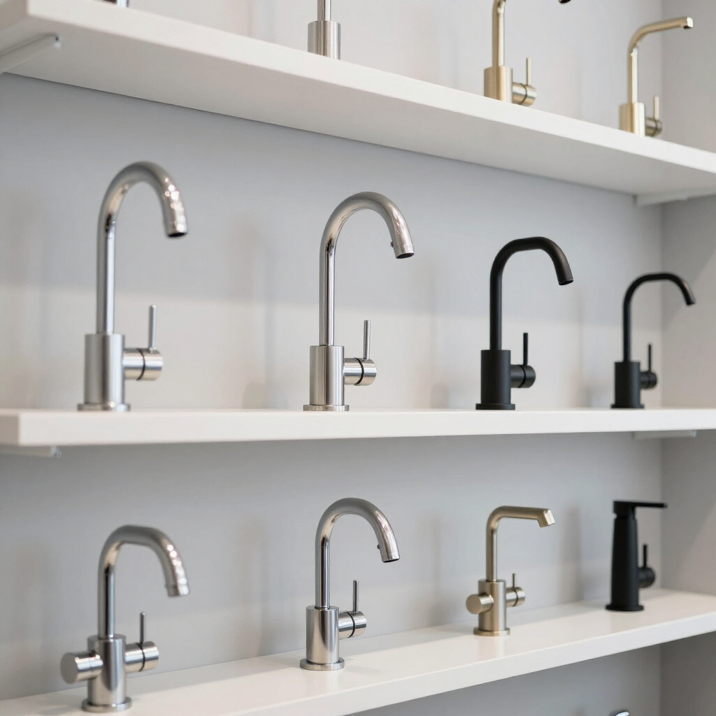 Una vitrina de pared con grifos modernos para cocina y baño en varios acabados, incluyendo cromo, níquel cepillado y negro.