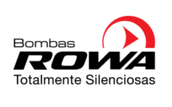 El logotipo de la marca Rowa con el texto "Bombas ROWA Totalmente Silenciosas" y un icono de flecha abstracta roja.