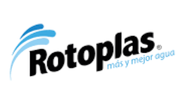 Logotipo de Rotoplas con olas de agua azules y el eslogan "más y mejor agua" en texto azul sobre un fondo blanco.