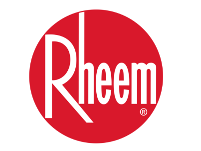 El logotipo blanco de la marca Rheem centrado sobre un fondo circular rojo.