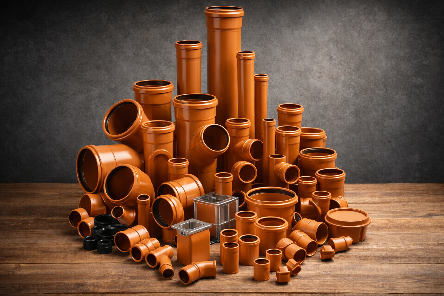 Una colección de tuberías y accesorios de drenaje de PVC de color naranja