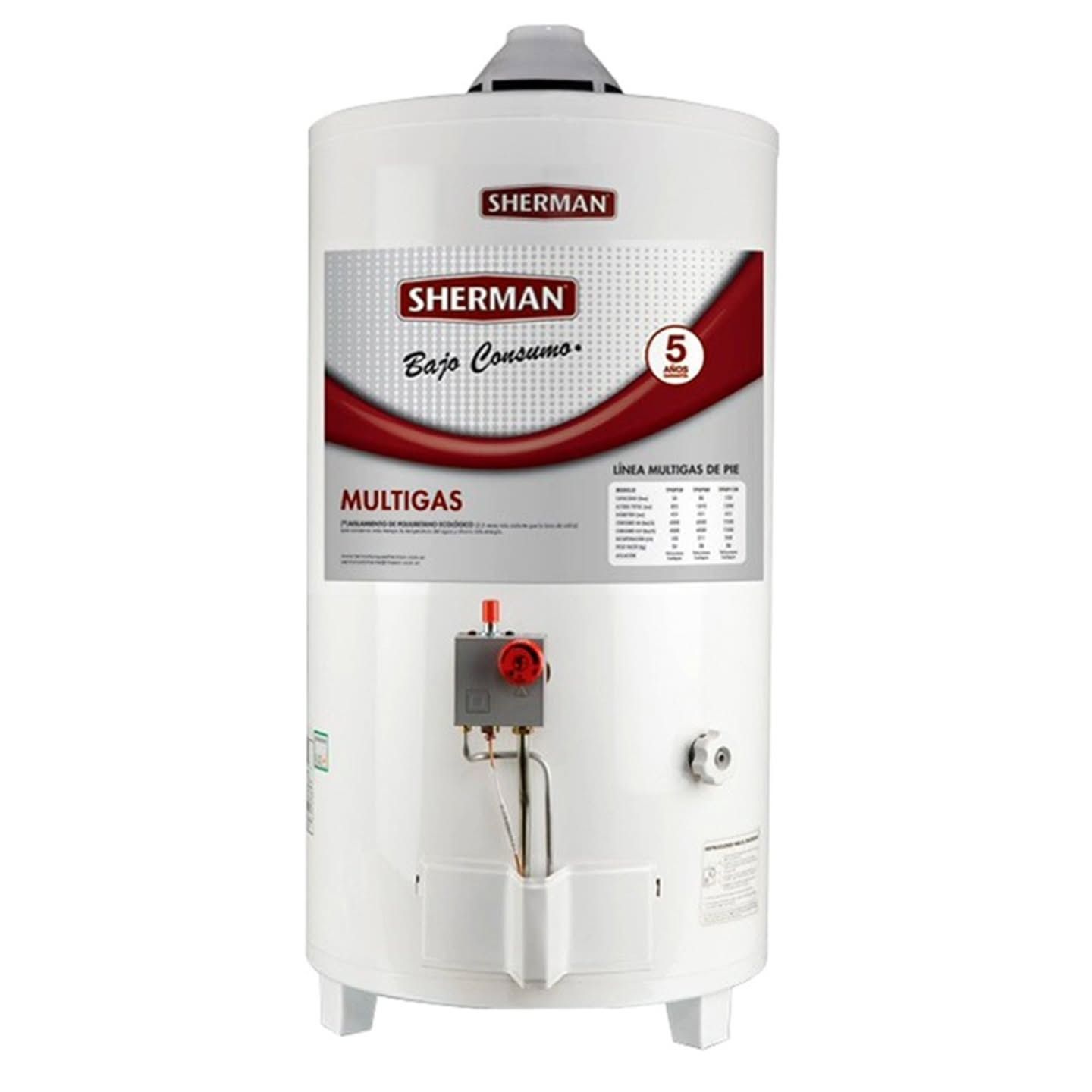 Calentador de agua residencial multigas blanco Sherman con etiqueta gráfica roja y válvula de control en la parte frontal.