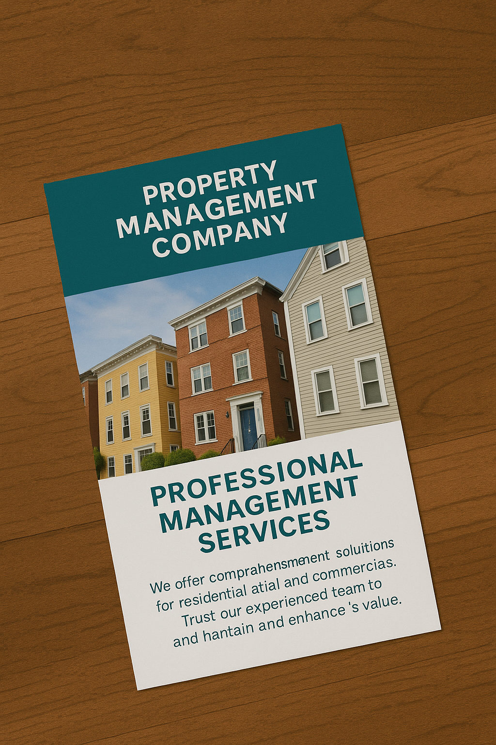 Flyer for property management services; houses background, teal and white color scheme.