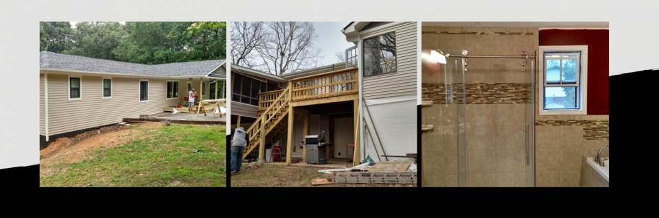 Three side-by-side photos of a house exterior, showing siding and a wooden deck under construction.