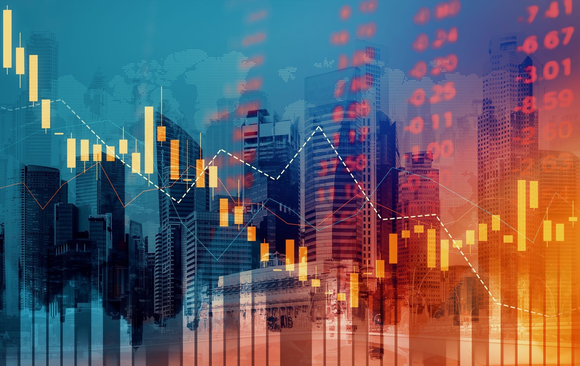 A stock market graph with a city skyline in the background.