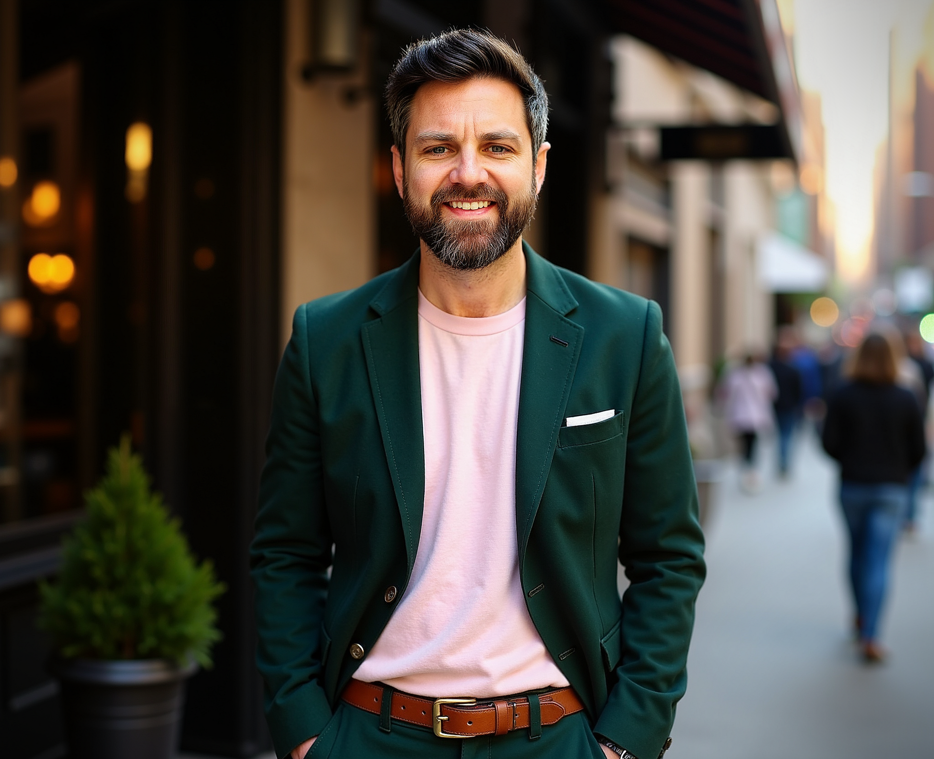 Man in green suit and pink shirt, smiling outdoors with hands in pockets.