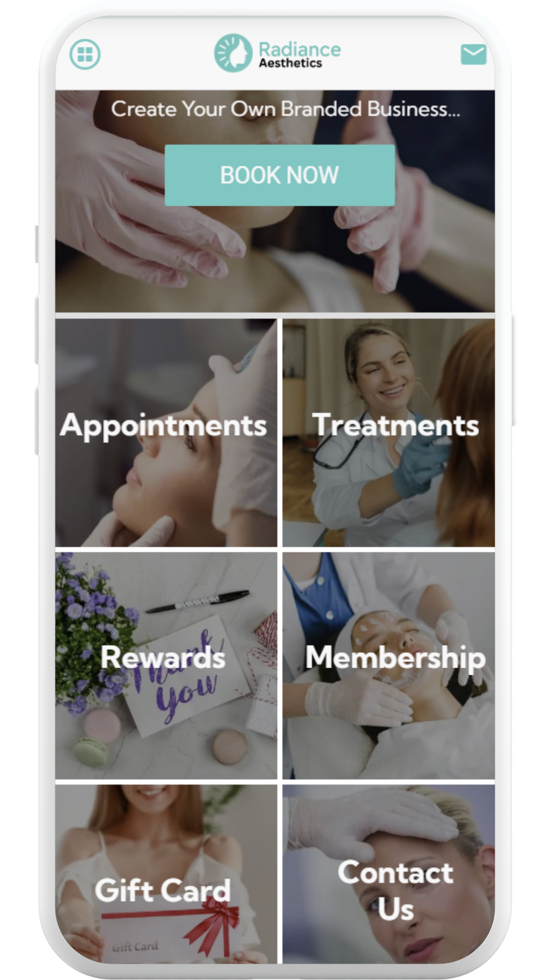 Mobile app showcasing booking, appointments, treatments, rewards, memberships, gift cards, and contact options.