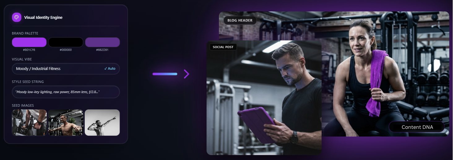 A UI screen transitions to a gym setting with a trainer holding a tablet and a woman with a towel.