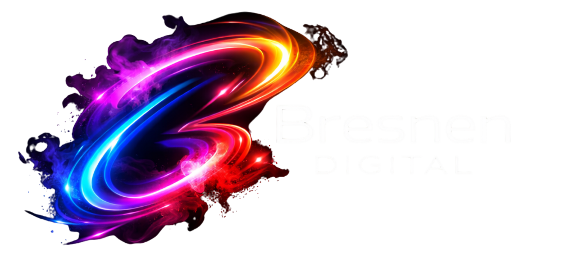 Swirling, colorful light streaks with a white logo.