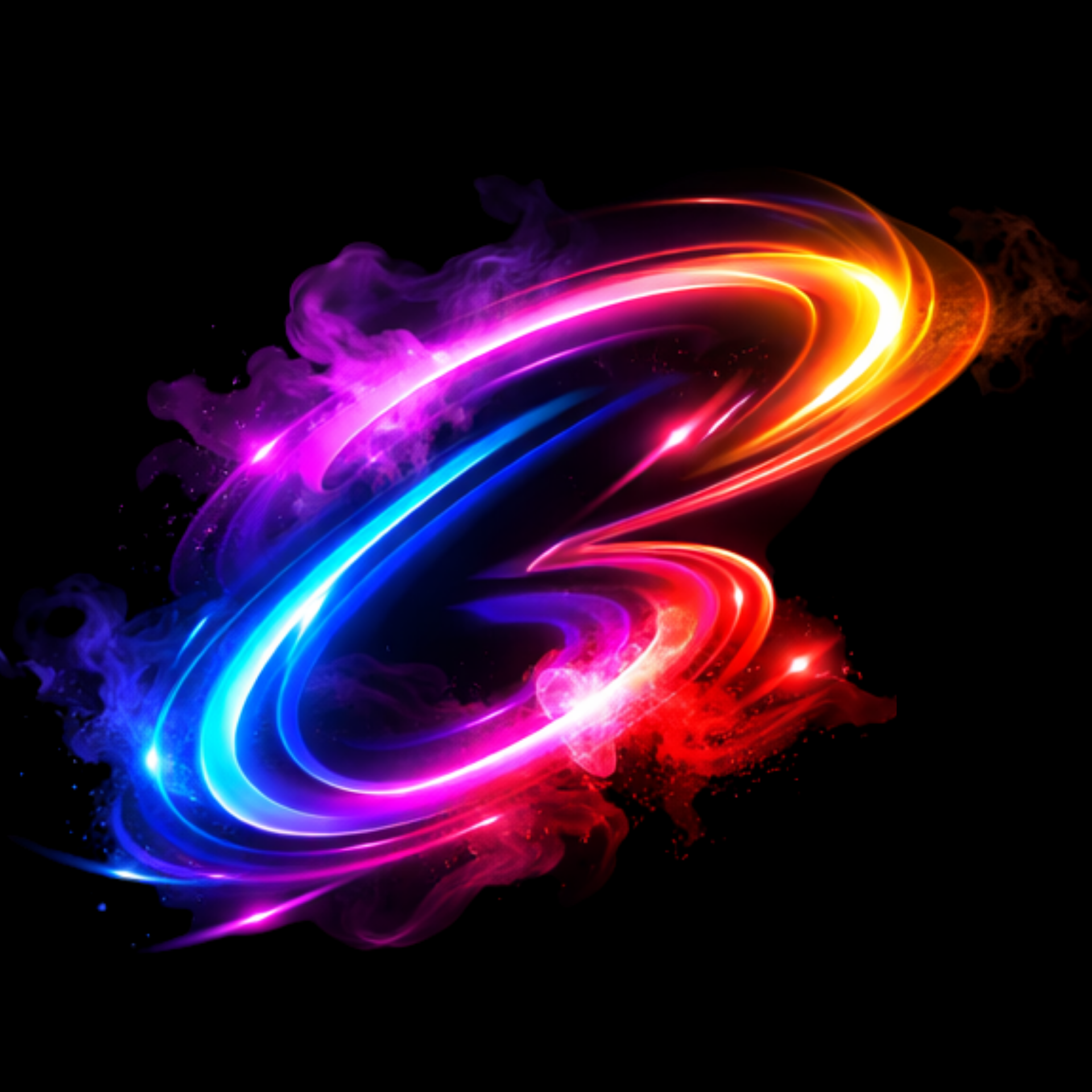 Colorful light streaks forming a circular and swirling “B” shape against a black background.