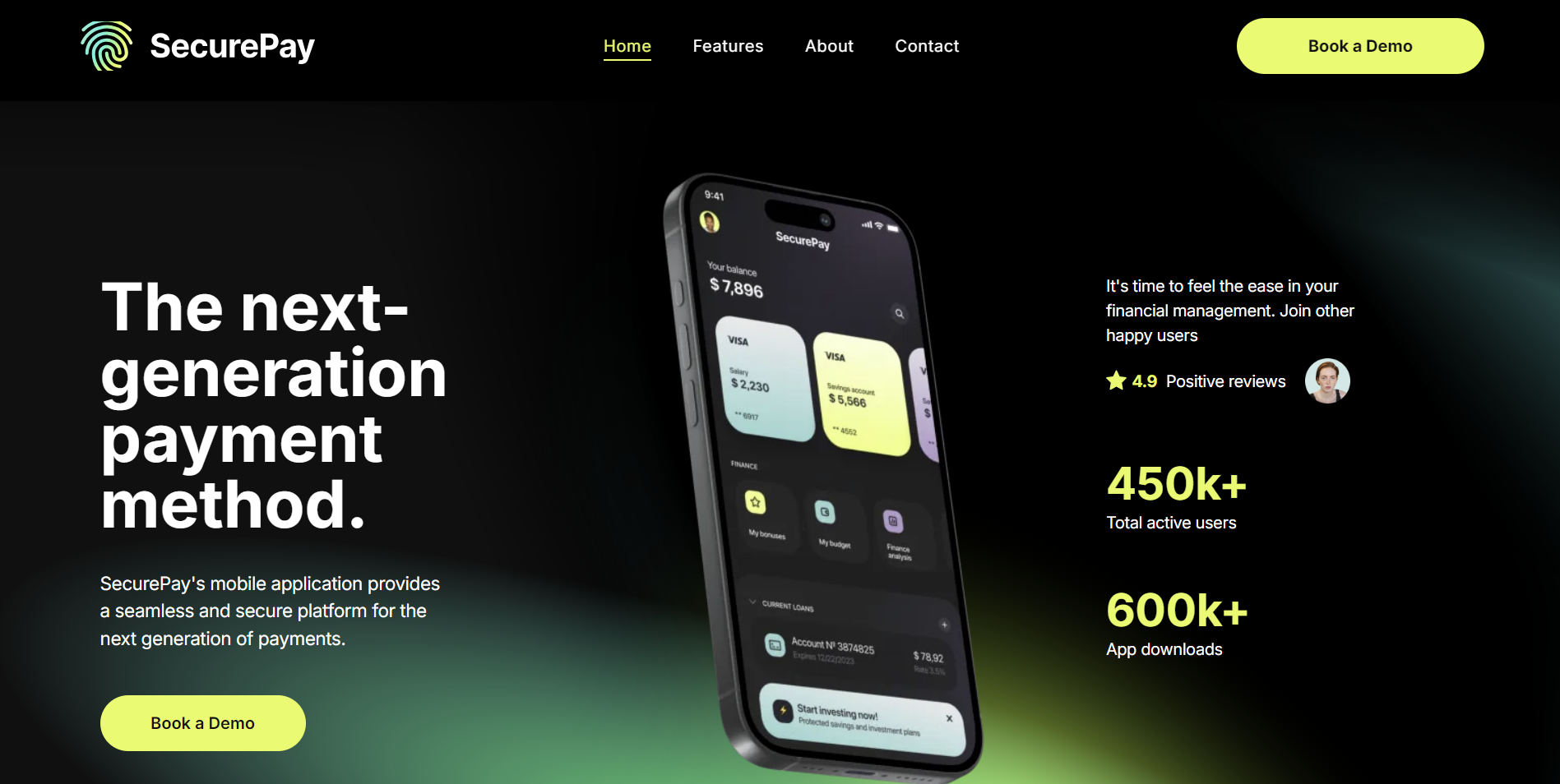 Website homepage for SecurePay, featuring a smartphone mockup with a dark theme and green accents, text, and numbers.