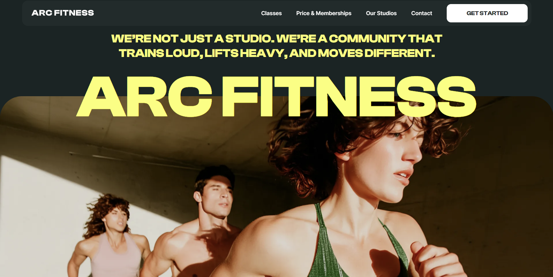 Website header for Arc Fitness, with people running outdoors.