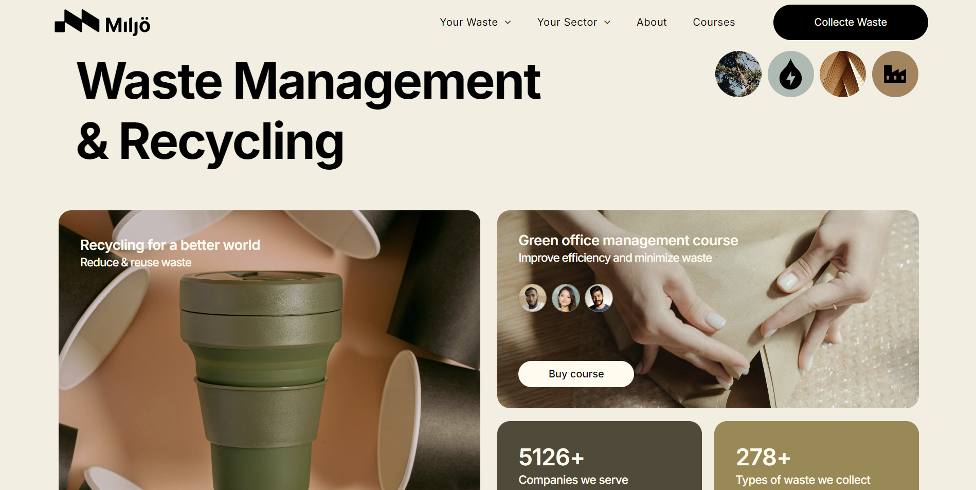 Website promoting waste management and recycling. Collapsible green cup on a table.