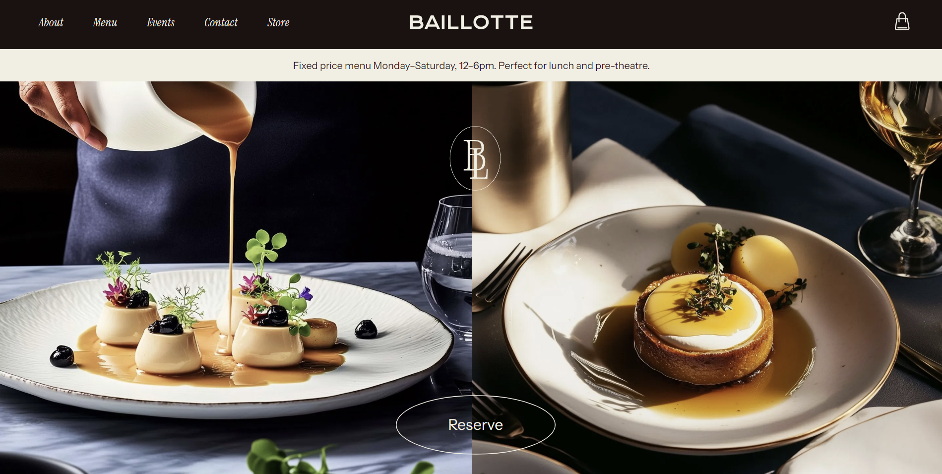 Two dishes of gourmet food on plates, sauce being poured.