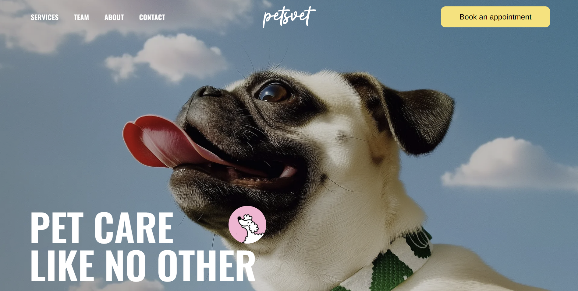 Pug with tongue out wearing a green collar, against a blue sky background with clouds. Text reads: PET CARE LIKE NO OTHER.