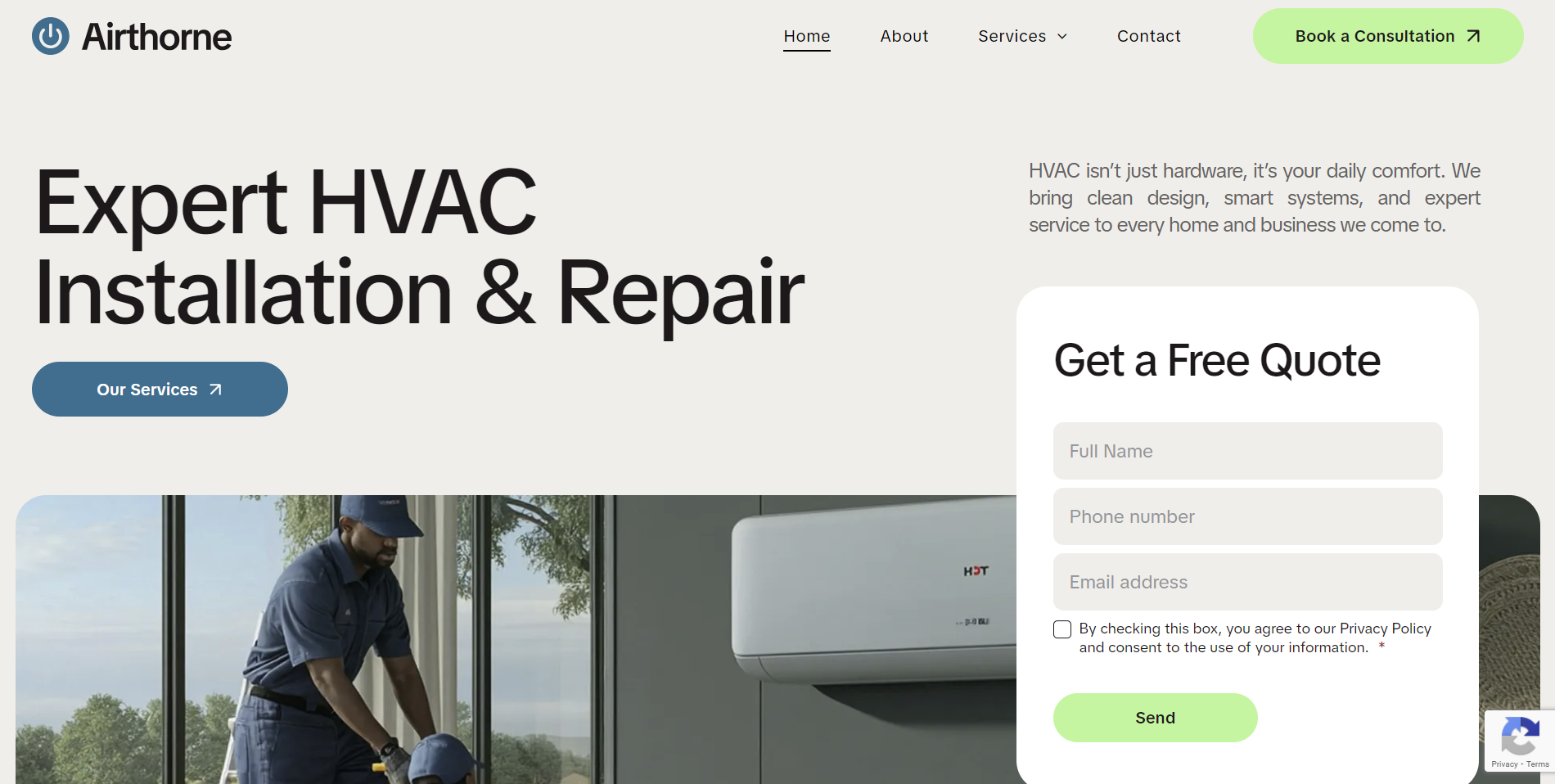Website promoting HVAC services, with a worker installing an AC unit.