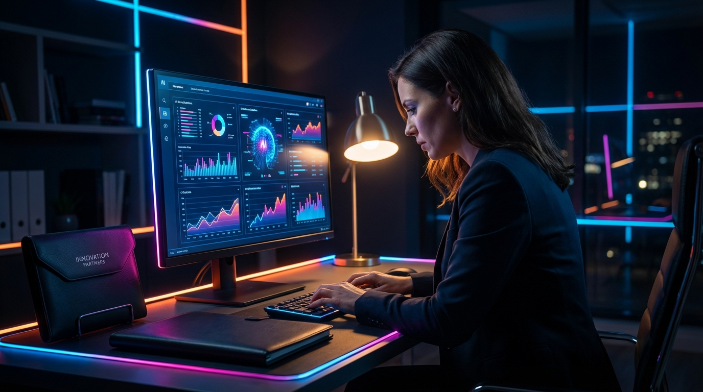 Woman analyzing data on a computer with glowing neon lights, working late in an office.