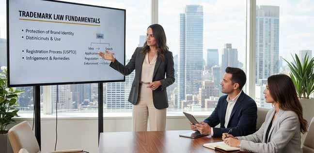 Trademark Lawyer NYC - Fran Perdomo - PerdomoLaw.com, giving a presentation on trademark law to two colleagues in a modern office overlooking a city.