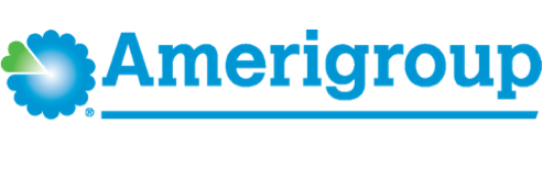 Amerigroup logo: blue text, flower graphic, and underline.
