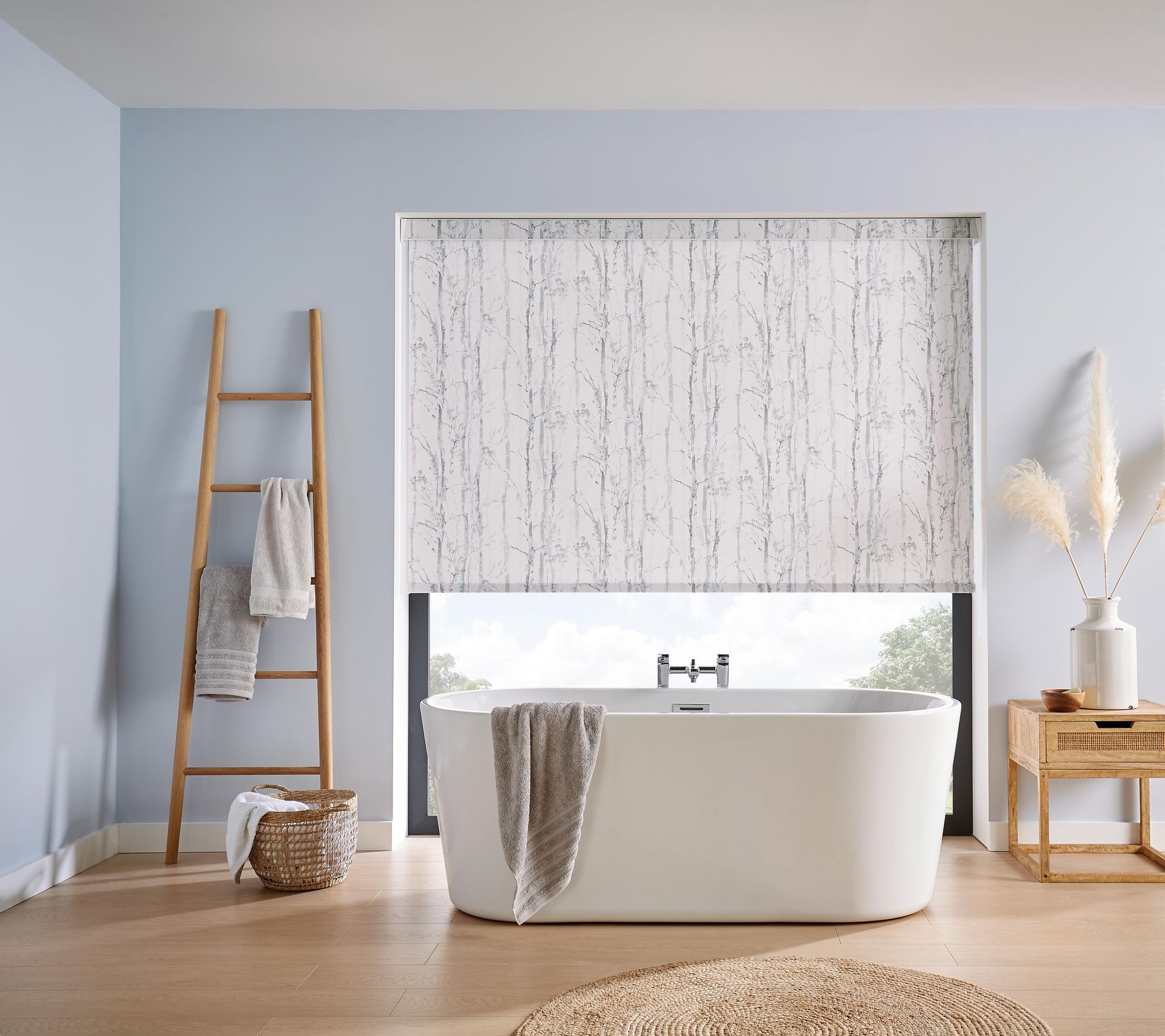 A bathroom with a bathtub and a window with blinds.