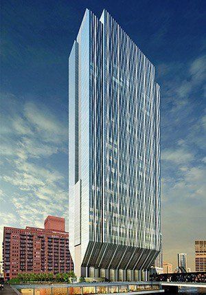 An artist 's impression of a tall building in a city