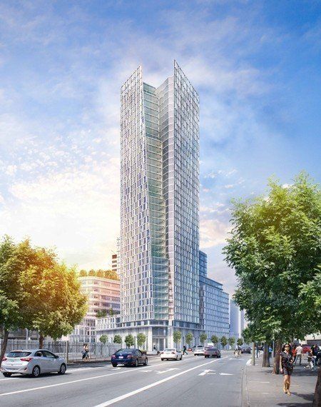 An artist 's impression of a tall building on a city street.