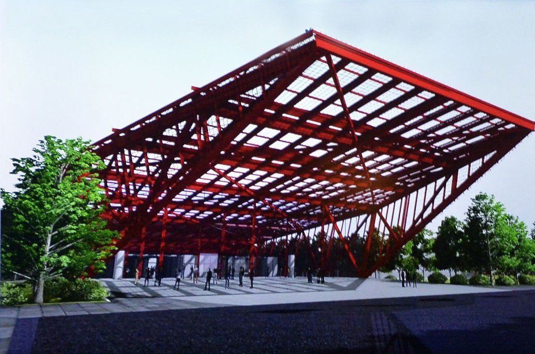 An artist 's impression of a building with a red roof