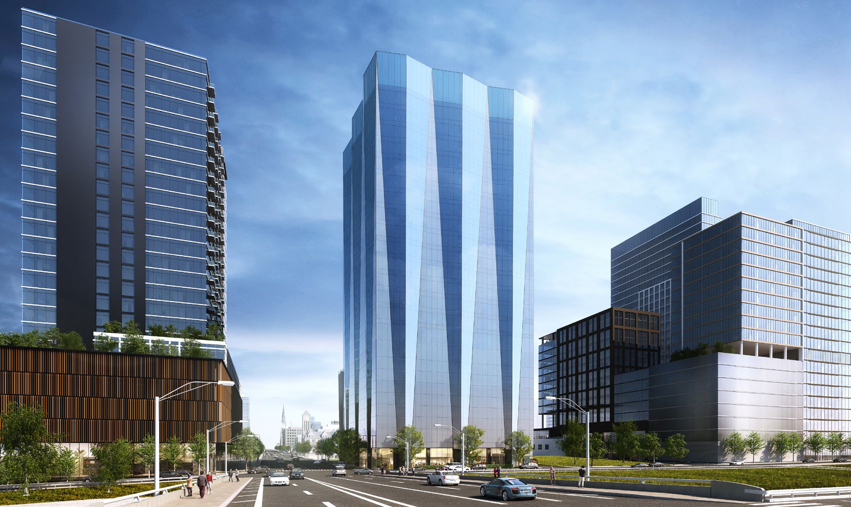 An artist 's impression of a city with a lot of tall buildings