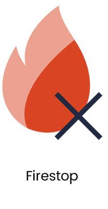 A red flame with a cross in the middle and the word firestop below it.