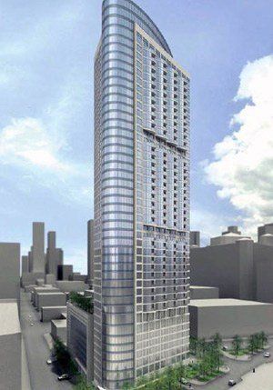 An artist 's impression of a tall building in a city