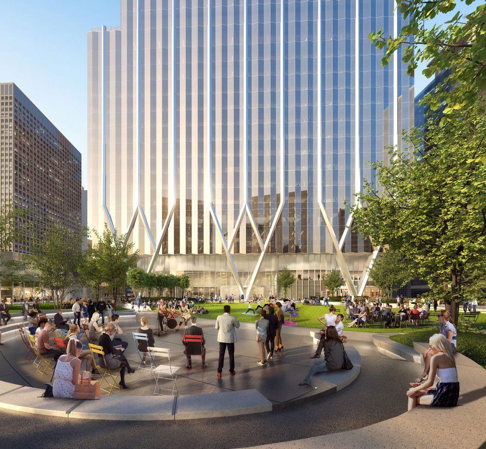 An artist 's impression of a park in front of a tall building