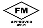 A black and white logo that says fm approved 4991 on a white background.