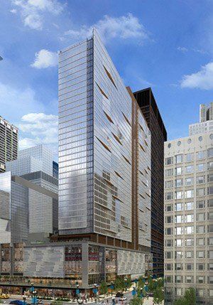 An artist 's impression of a tall building in a city