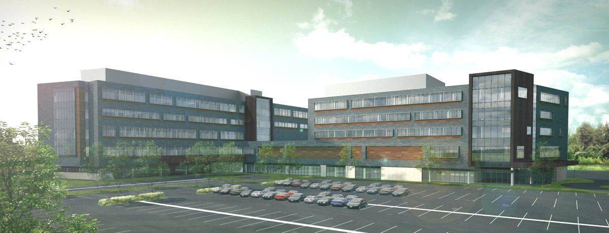 An artist 's impression of a large building with a parking lot in front of it.