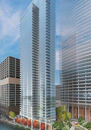 An artist 's impression of a tall building in a city.