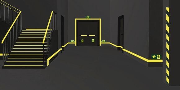A drawing of a staircase with glow in the dark markings