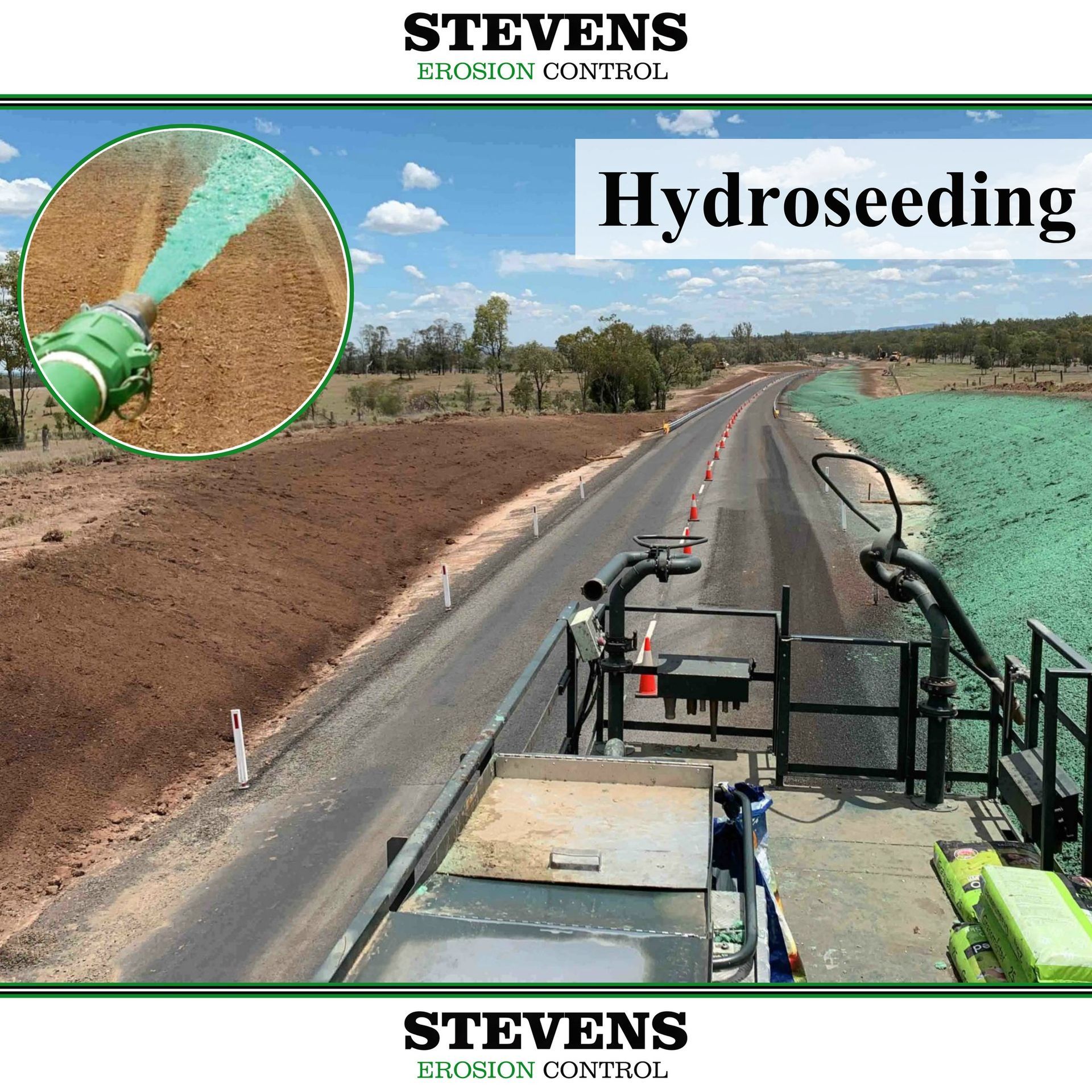 A picture of a hydroseeding machine on a road