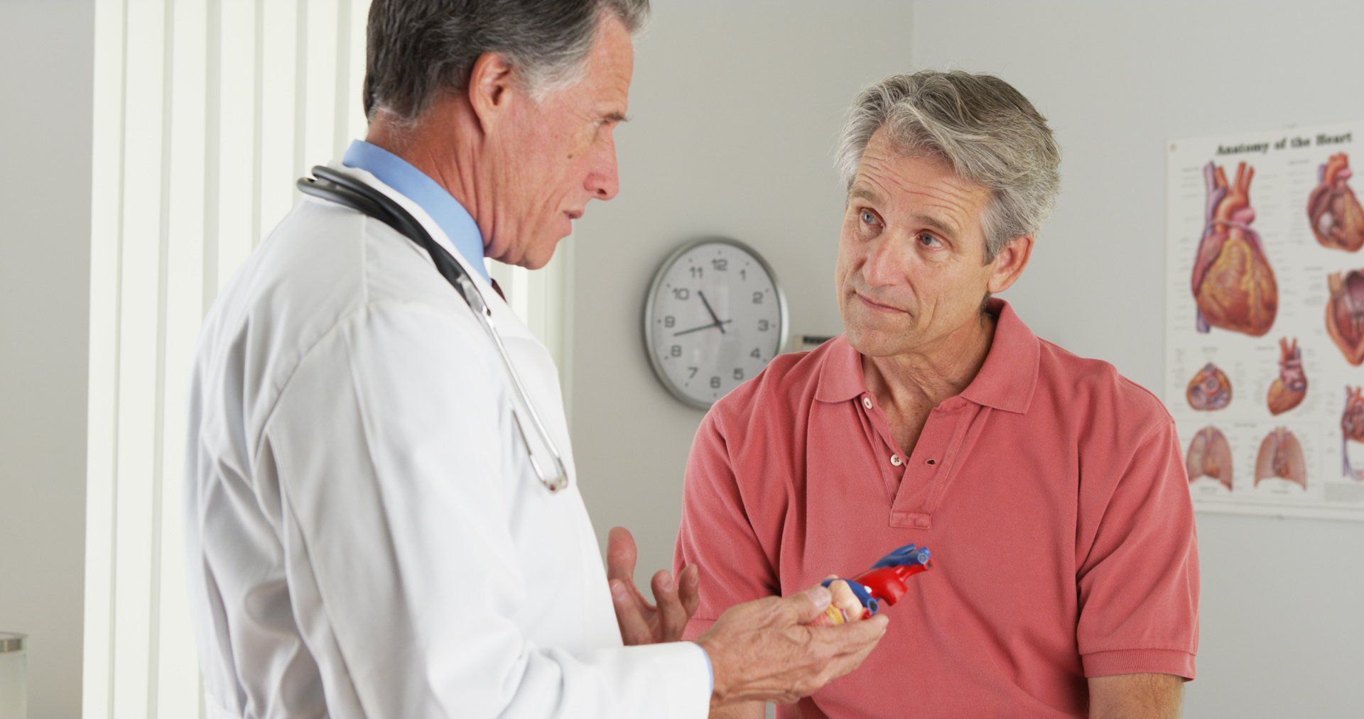 A doctor is talking to a patient who is holding a model of a heart.