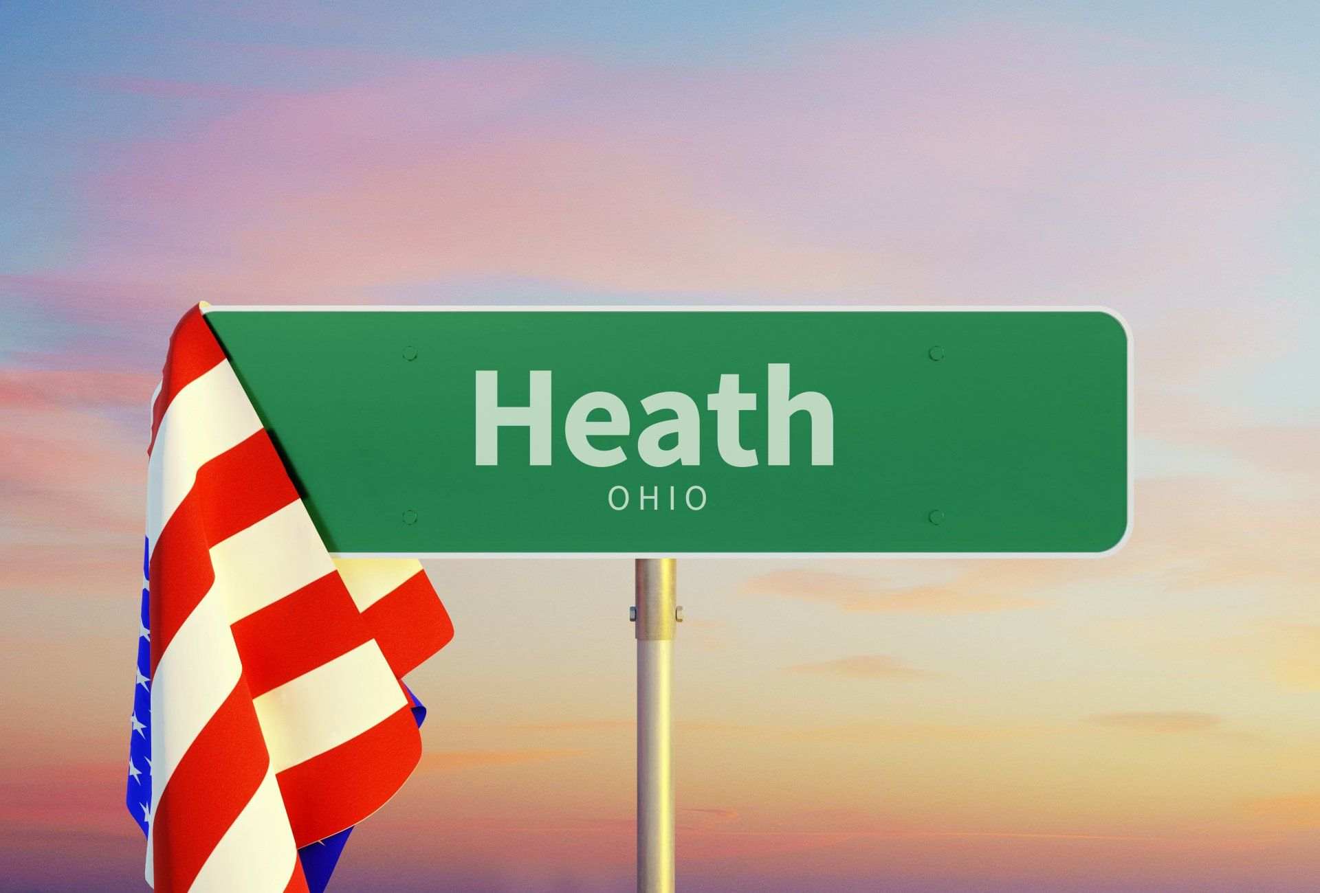 Signpost for Heath Ohio with American flag