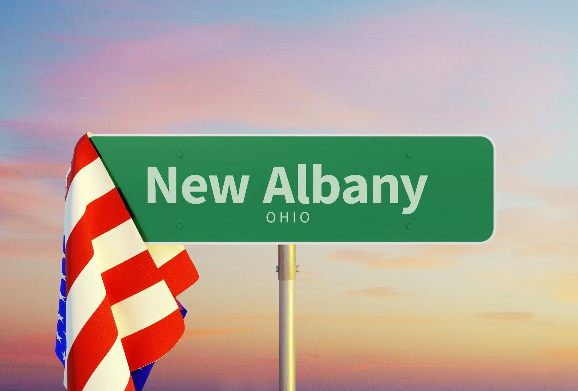 Signpost of New Albany Ohio with American Flag