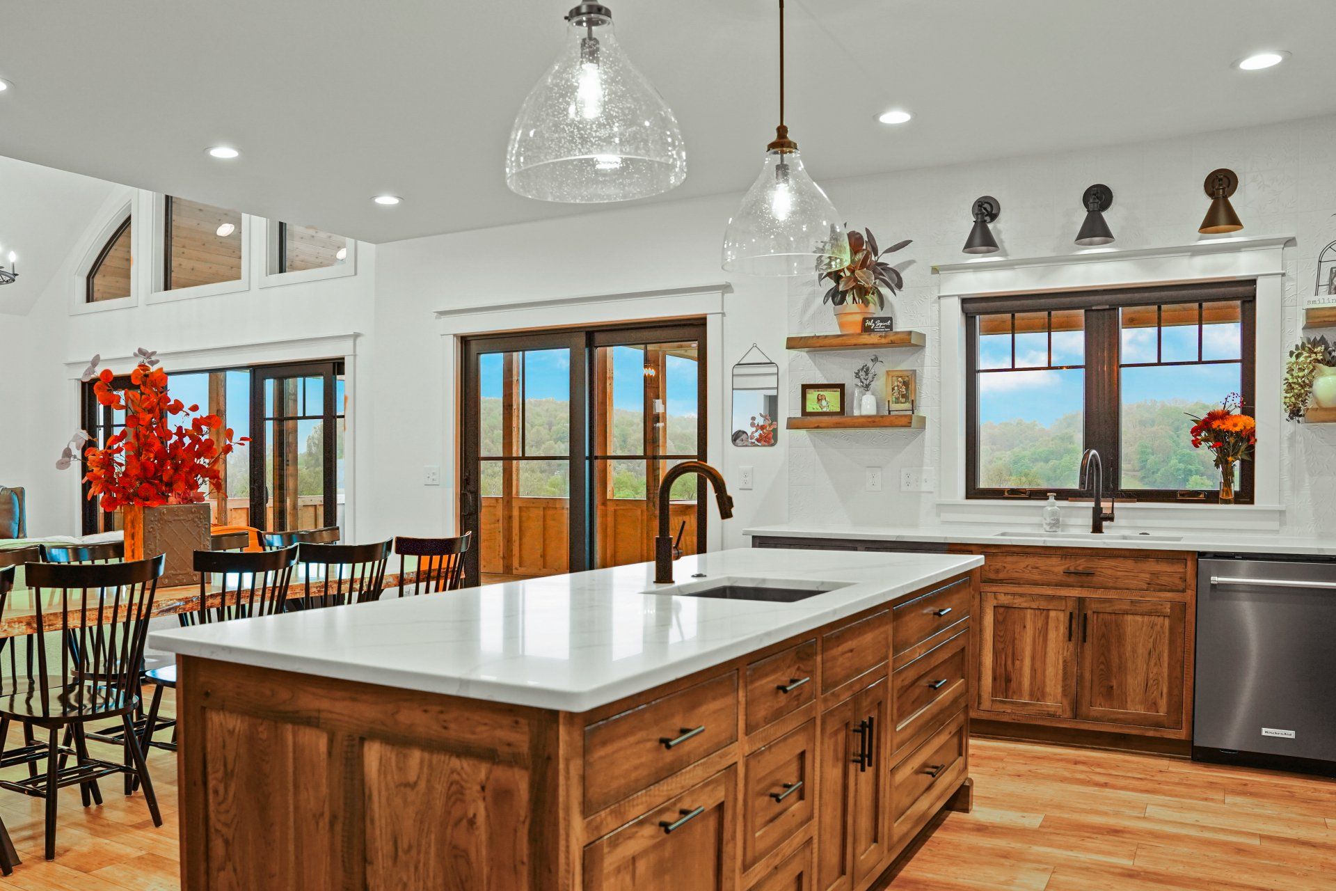 Custom Kitchen remodel white countertops with natural wood cabinets in Columbus Ohio