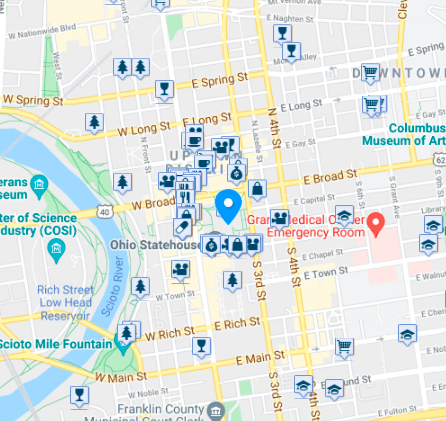 Map of things to do in Columbus Ohio