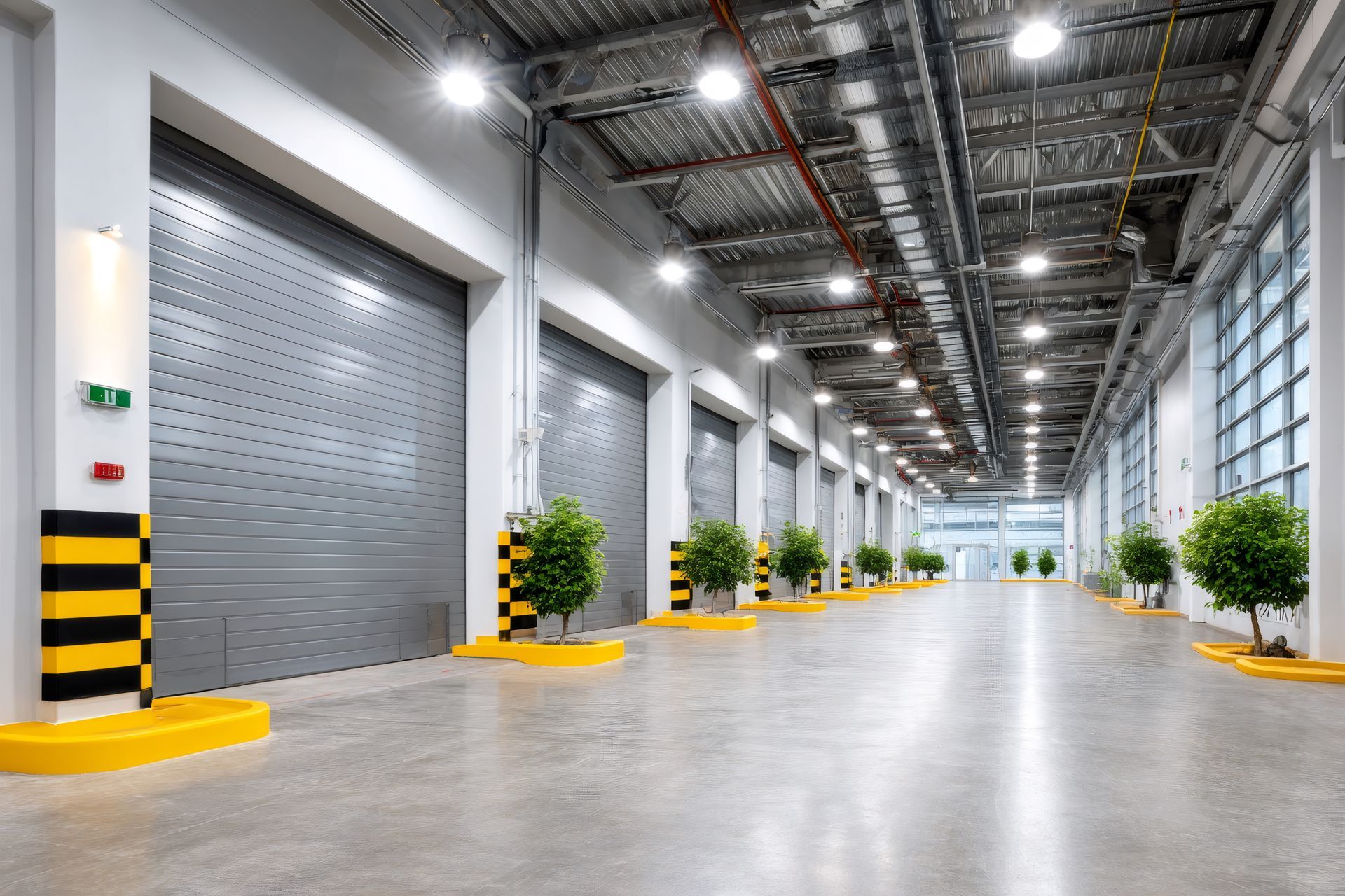 Modern warehouse loading dock with green plants inside. Modern warehouse loading dock with green plants inside.