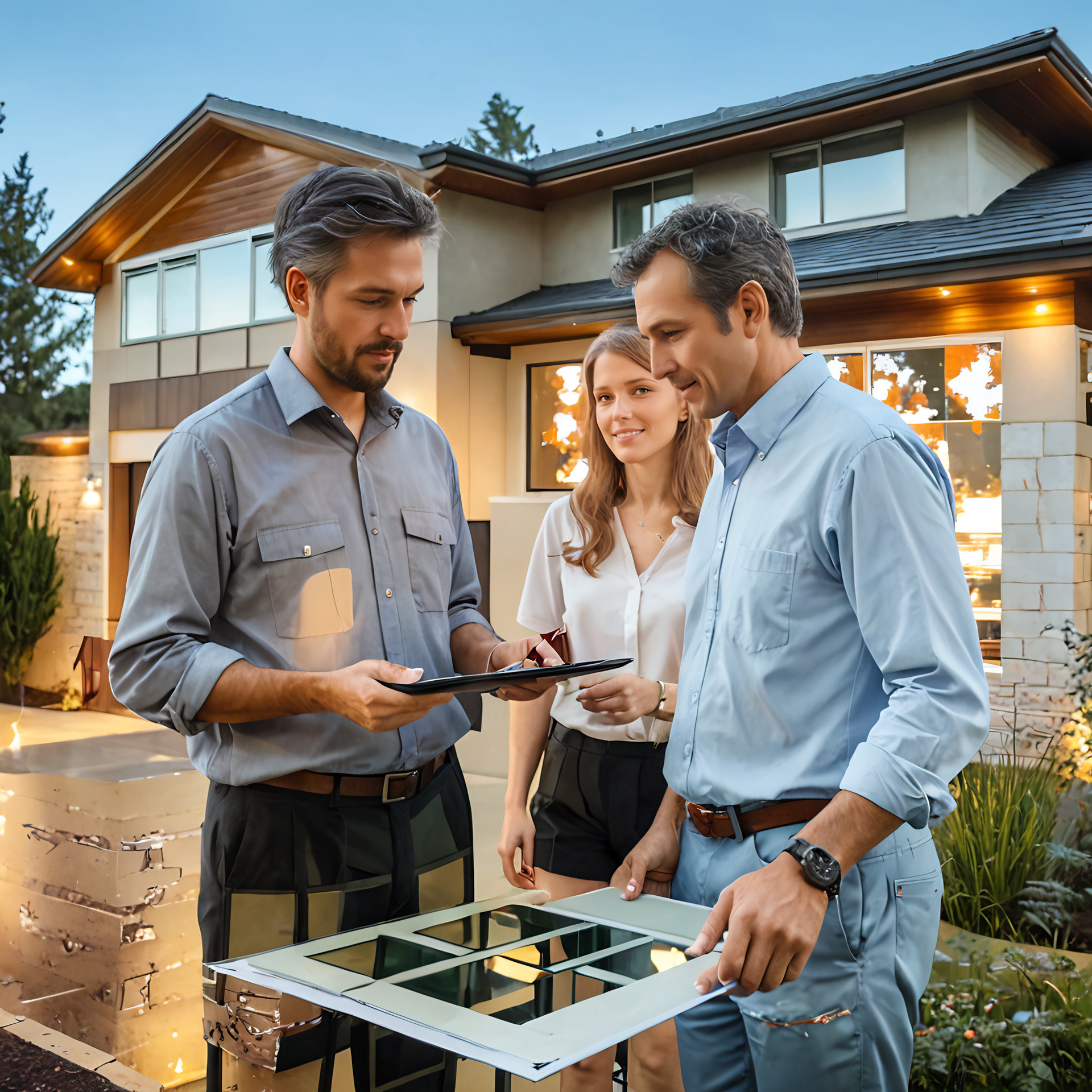 A group of people standing in front of a house