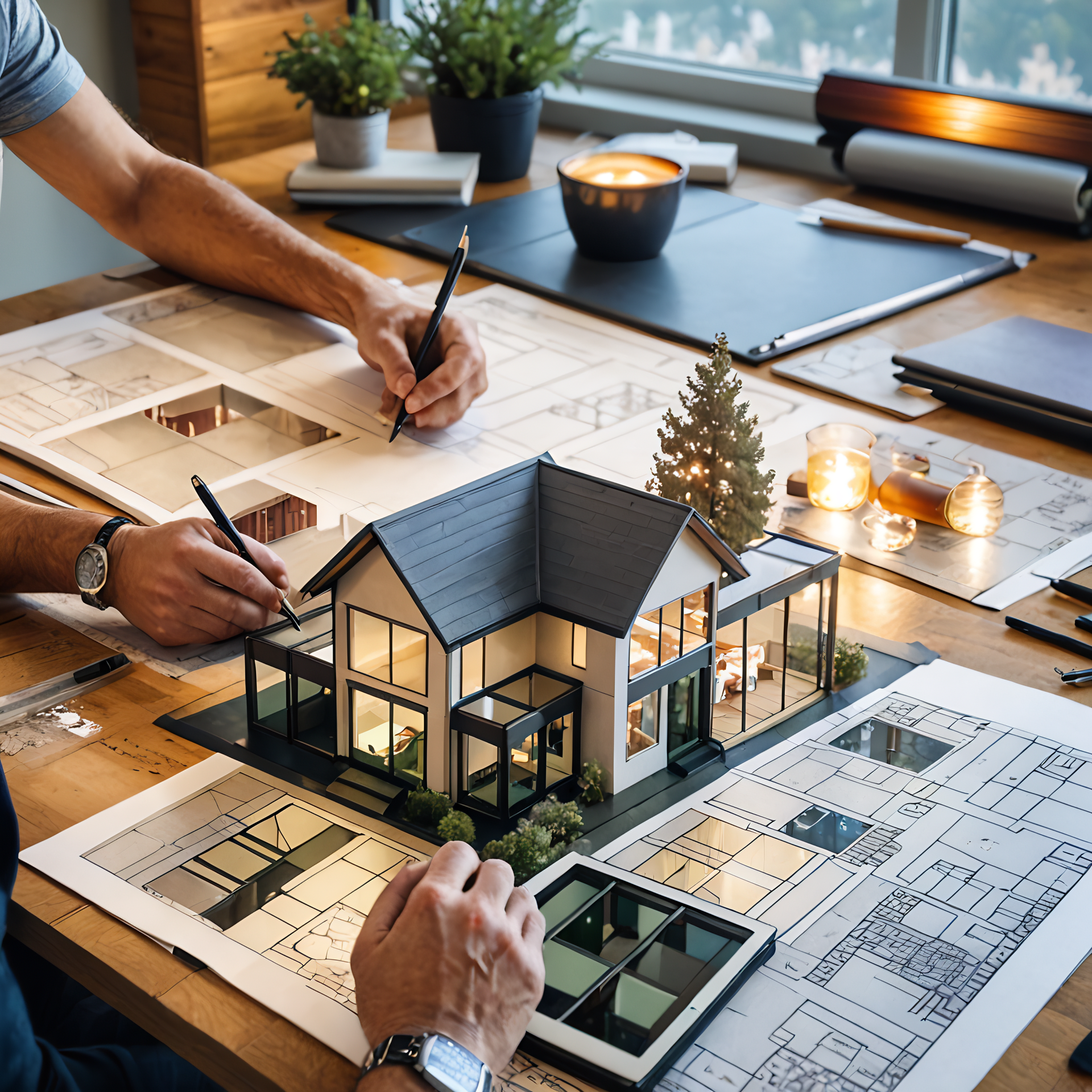 Two men are sitting at a table working on a model house.