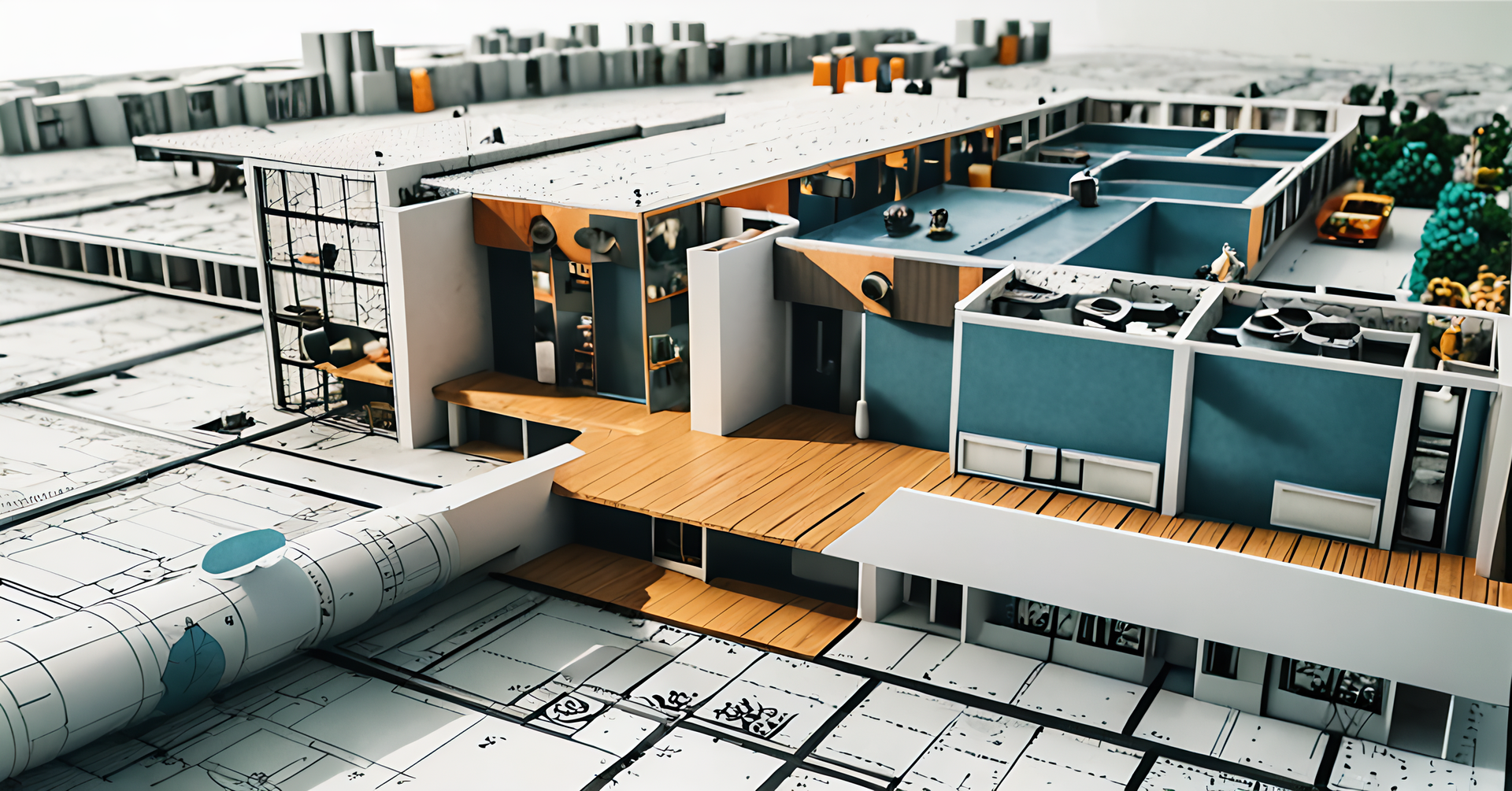 A 3d model of a building being built on top of a roll of blueprints.