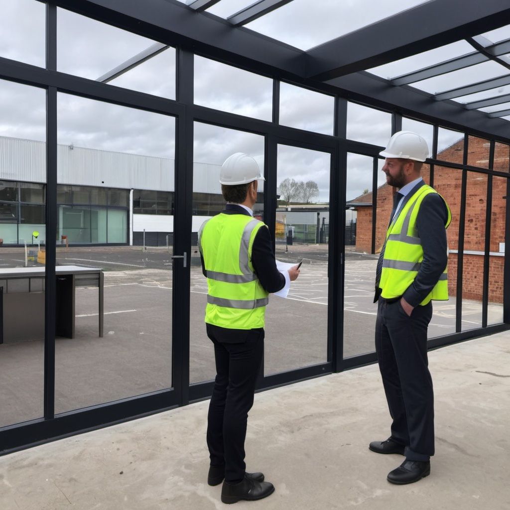 Two men wearing hard hats and safety vests are standing in front of a glass wall