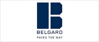 A blue and white logo for belgard paves the way