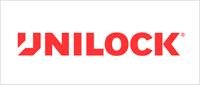 A red and white logo for unilock on a white background