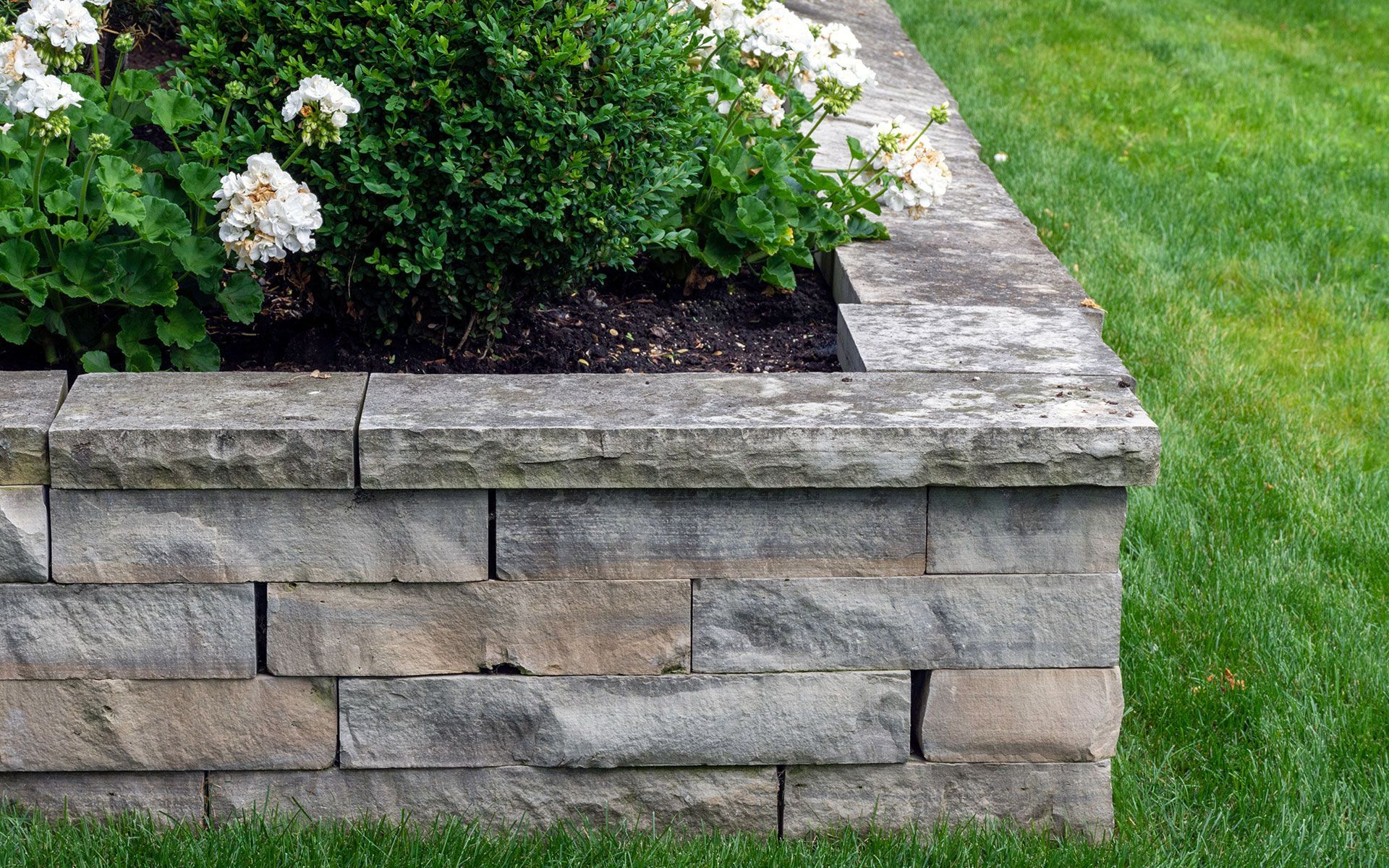 A stone wall with a flower bed in the middle of it.